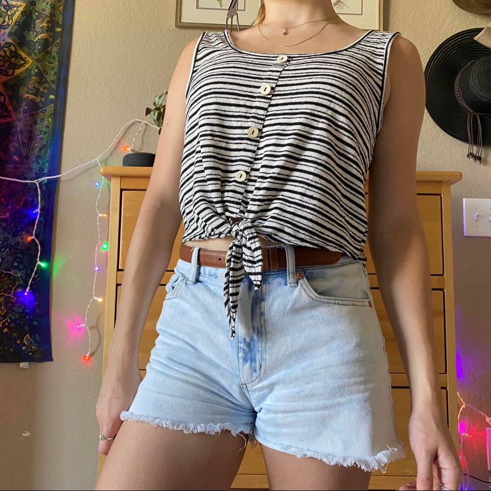 Black + white striped tie-front cropped tank